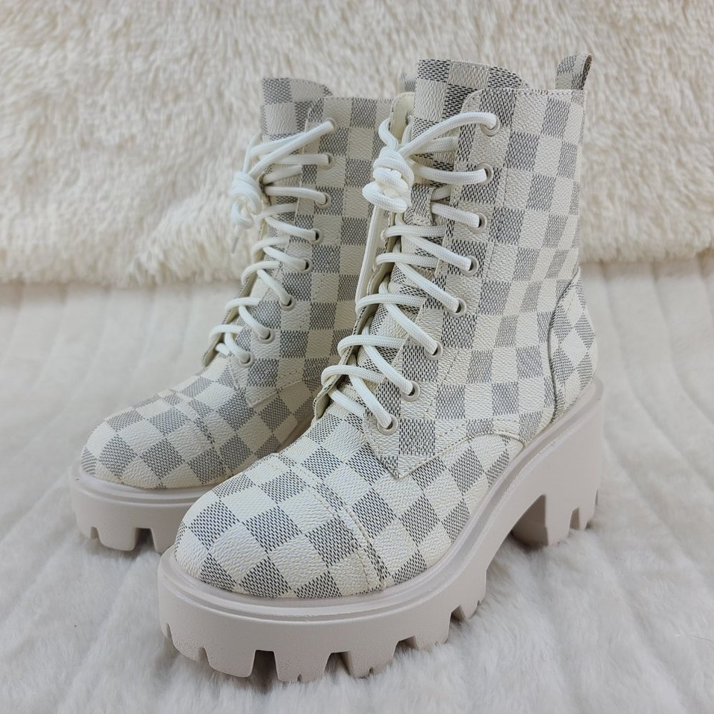 Off White Checker Pattern Platform Combat Boots - Picture 5 of 6